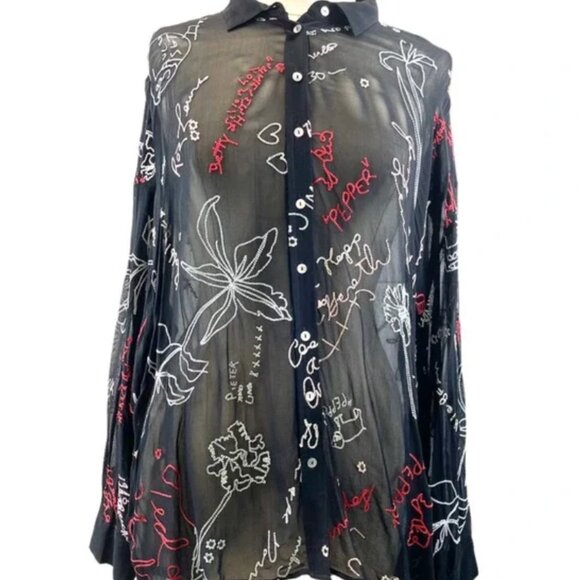 ALLSAINTS NWOT SM KYRA GRAFF SHIRT SHEER GRAFFITI BUTTON FRONT BLACK RED WHITE - Picture 6 of 7